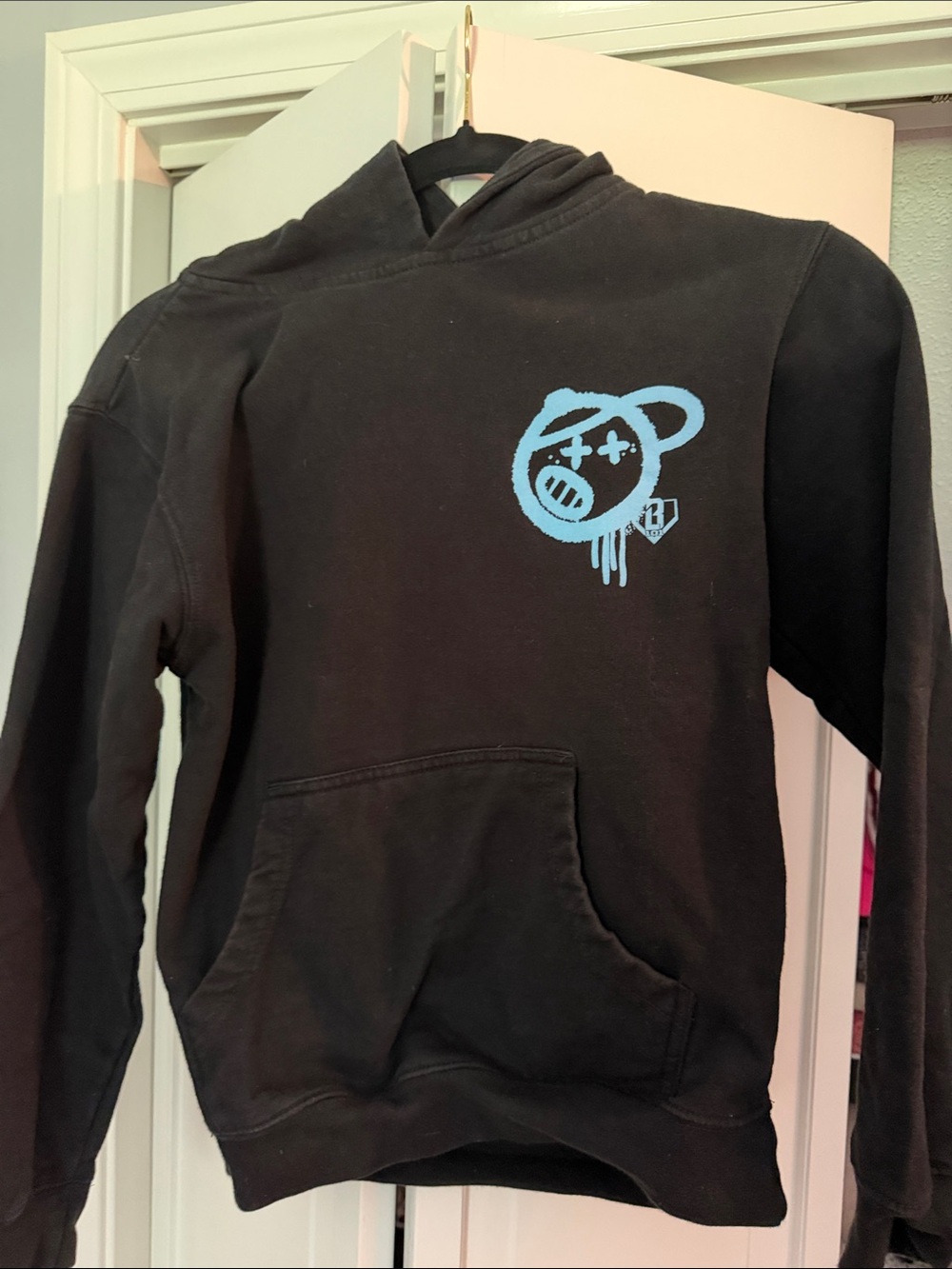 Kids Black Hoodie with Light Blue Bear Graphic